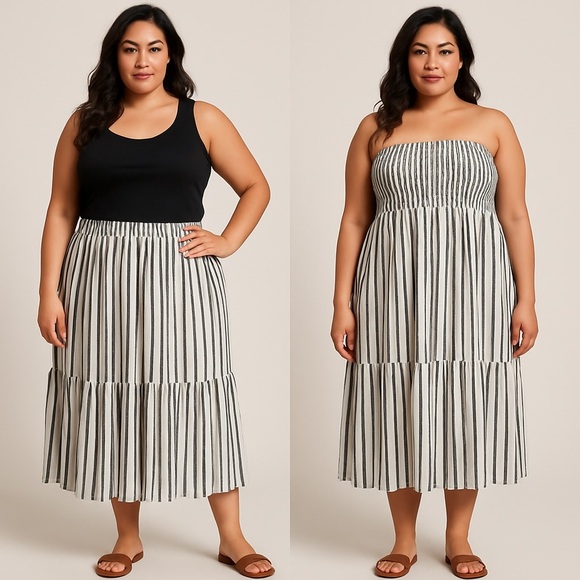 B2544- TS Convertible Smocked Skirt Dress Riviera Stripe Silver 3X (24W–26W) NWT - Picture 1 of 9